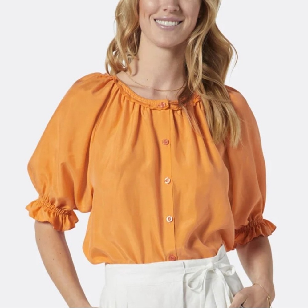 Joie Orange Silk Short Sleeve Blouse
